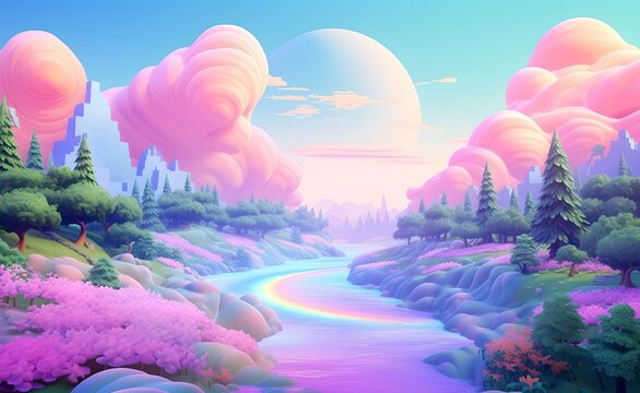 Fantasy landscape. Fun ambient pastel colors. Game landscape. Generative AI.