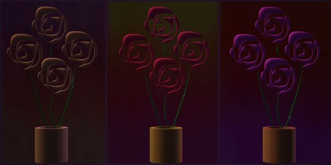 Abstract different color shiny metallic flower set in wooden pot with dark gradient background. 3d illustration used as Emboss pattern wall art, card, paper, birthday banner, scenery set, decoration.