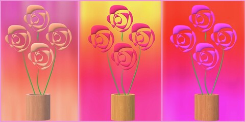 Abstract different color flower set in wooden pot with gradient background. 3d illustration used as Emboss pattern wall art, card, paper, birthday banner, scenery set, decoration,  celebration, web.