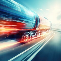 Futuristic fuel truck driving at high speed on a freeway on a colorful background
