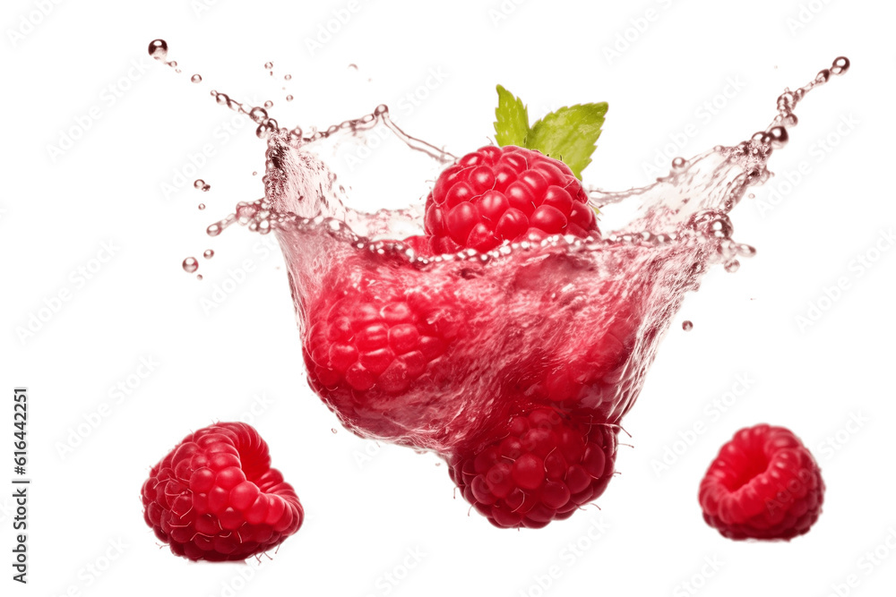 Wall mural Fresh Ripe Raspberry with Raspberry Juice Splash Isolated on Transparent Background. AI - Wall murals
