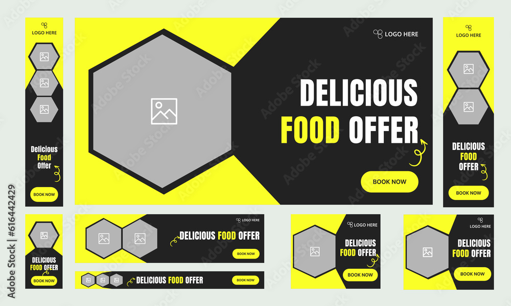 Wall mural set of polygonal shape food menu web banner template design for social media posts, geometric shape 