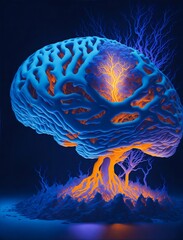 Brain Astral Power. Anxiety Fighting Brain, Sending Thoughts Into the Cosmos. Cognitive Brain Development. Connecting Brain Neurons.