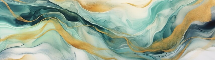 Abstract watercolor paint background illustration - Soft pastel green aquamarine color and golden lines, with liquid fluid marbled paper texture banner texture, Generative Ai