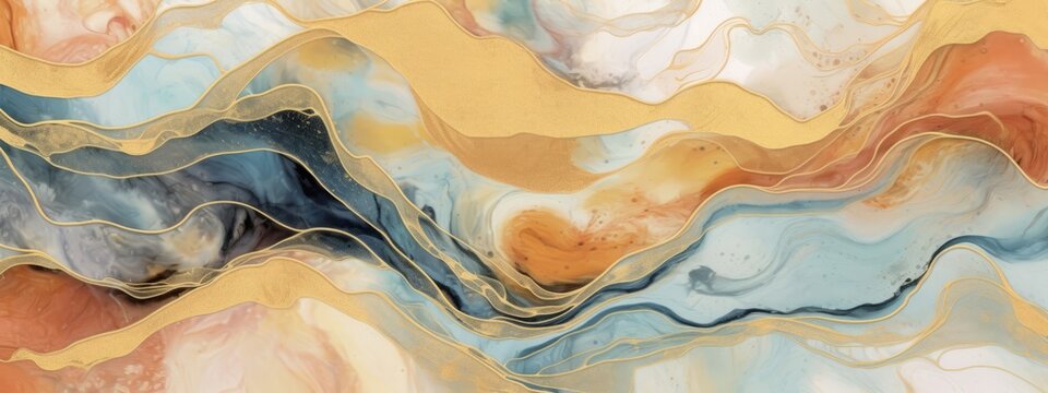 Abstract watercolor paint background illustration - Soft pastel color and golden lines, with liquid fluid marbled paper texture banner texture, Generative Ai