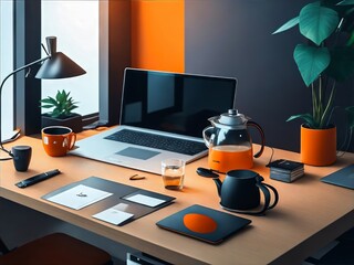 Modern and Cozy Office Table with Laptop and Coffee Mug