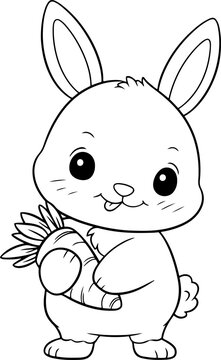 Rabbit vector illustration. Black and white outline Bunny coloring book or page for children