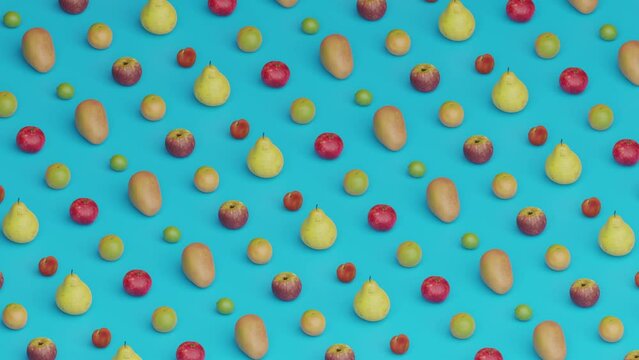 A looping animation of different fruits on a blue background. Healthy eating, or veganism concept.