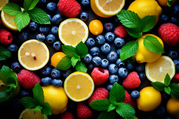 Fototapeta na wymiar Summer background with lemon fruits, orange, blueberries and mint leaves