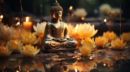 
A peaceful Buddha statue illuminated by a glowing lotus flower and a single candle, standing against a serene Vesak day background.