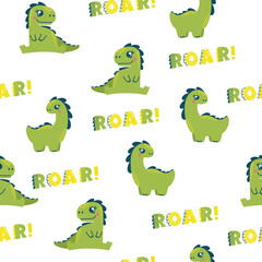 Bright vector seamless pattern. Cute dinosaurs. Lettering Roar 
