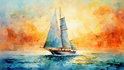 Sailboat gliding across the water in a mesmerizing watercolor painting