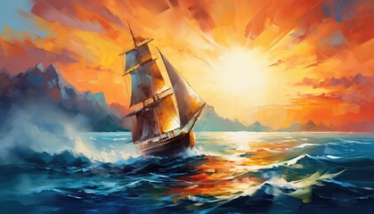 sailboat gliding across the water in a mesmerizing watercolor paintin - obrazy, fototapety, plakaty