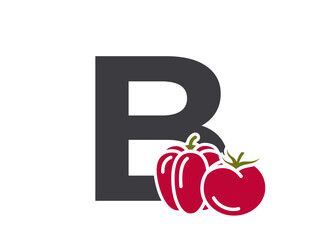 letter b with tomato and bell pepper. creative vegetable alphabet logo. harvest and agriculture design