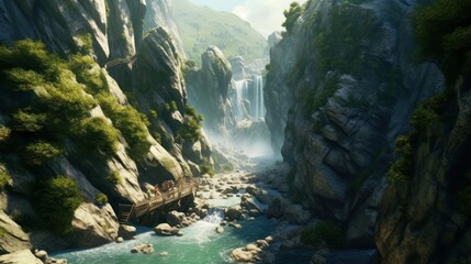 Naklejka na ściany i meble Cascading waterfalls in a canyon. The power of mountain waters and the vitality of nature come together here. Created with Generative AI.