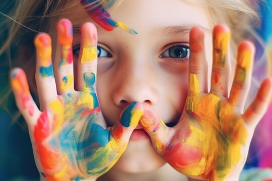 child painting with hands, little girl painting