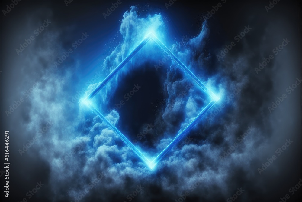 Poster abstract of glowing smoke square frame illuminated with neon light on darkness sky view. concept of 