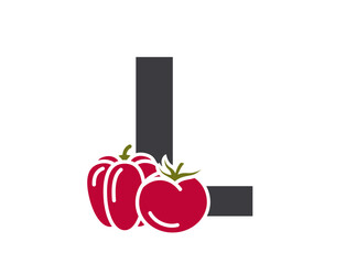 letter l with tomato and bell pepper. creative vegetable and organic food alphabet logotype. harvest design