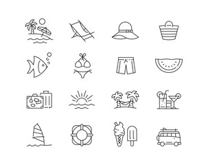 Beach Holiday Vacation Icon collection containing 16 editable stroke icons. Perfect for logos, stats and infographics. Edit the thickness of the line in any vector capable app.