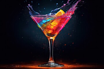 Martini glass. The bold and vibrant colors of the drink pop against the dark background - obrazy, fototapety, plakaty