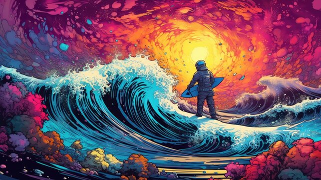 surfer in a space suit gracefully riding the waves on a surfboard