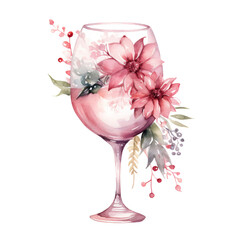 Wine Glass Watercolor Clip Art, Christmas Watercolor Illustration, Floral Watercolor Sublimation Design, Wine Glass Clip Art