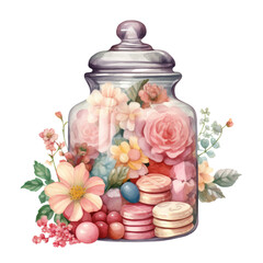 Watercolor Candy Jar Clip Art, Watercolor Illustration, Flowers Watercolor Sublimation Design, Flower Candy Clip Art