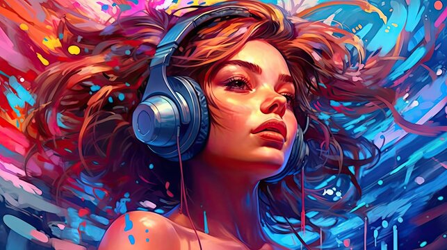 Woman expressing her vibrant spirit through colorful decorations and stylish headphones. Digital artwork created with generative AI.