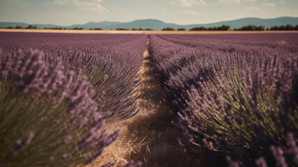 Wheat field and lavender field in Valensole, Provence, France. Generative AI