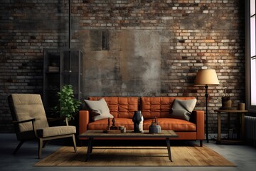 Living room interior has sofa in 3d rendering. Front view of sofa and plant in 3d rendering,Generative AI