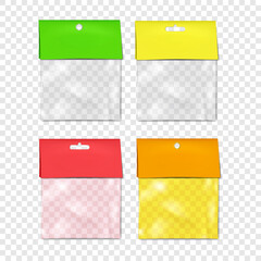 Fototapeta premium Empty square clear plastic pouch bag with blank paper top and hanging hole slot mockup. Transparent nylon package mock-up. Color set. Easy editable vector illustration