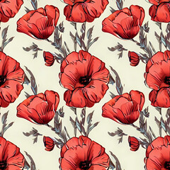 Seamless patterns of blooming poppies. Generative AI.