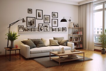 Grey sofa, table and shelving unit with houseplants near light wall,Generative AI