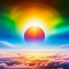 mysterious planet rises in the sky above the clouds, surrounded by grand glow, abstract, surreal, dreamlike, stylyzed - of painting style, vibrant colors, detailed, high resolution, fantastic