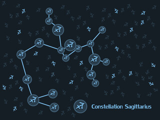 Sagittarius zodiac constellation on dark blue background. Placing stars in the sky.