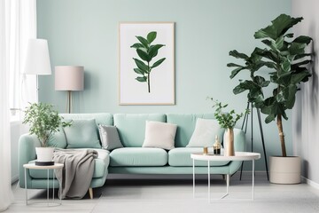 Stylish living room interior with comfortable green sofa,Generative AI