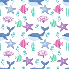 whale, starfish, fish, seaweed pattern for bathroom design, children's clothes, toys, cards, gift wrapping, marine pattern for design with the use of paints
