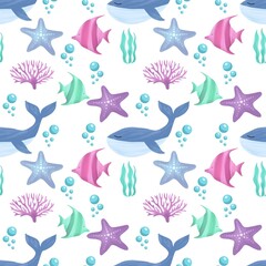 whale, starfish, fish, seaweed pattern for bathroom design, children's clothes, toys, cards, gift wrapping, marine pattern for design with the use of paints
