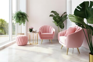 Modern fashionable stylish pink sofa with carriage stitch, buttons, with legs on isolated white background. Furniture, interior object, stylish sofa. Romantic female sofa,Generative AI