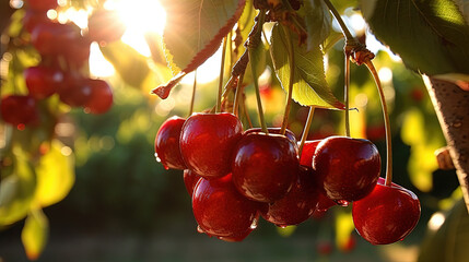 Fresh Cherries hanging from the branch - Powered by Adobe