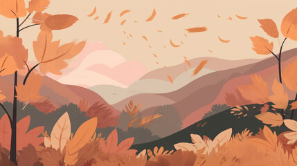 Illustrated 2D Flat View of Mountains in the Fall. Autumn Leaves in the Wind