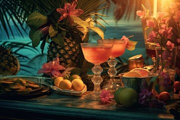 cocktails on the table on the blurred sunset on summer beach background