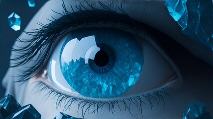 A close up of an eye with blue crystals around it.