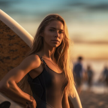 surfer girl on surfboard. portrait of a surf girl