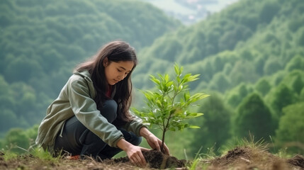 young girl volunteer planting small tree in morning in spring on mountain, concept save earth, Generative AI