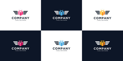 Gift box package delivery logo icon with flying wings