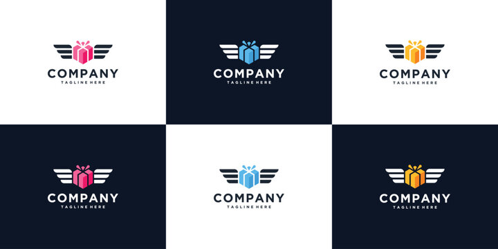 Gift box package delivery logo icon with flying wings