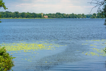 The lake Jungfernsee is part of the river Havel waterway situated in the north of Potsdam in the federal state of Brandenburg, in the background Church of the Redeemer in Sacrow