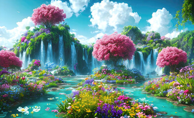 Paradise land with beautiful  gardens, waterfalls and flowers, magical idyllic background with many flowers in eden. Generative Ai.
