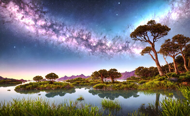 Naklejka premium Landscape of an alien planet, view of another planet with fantastic trees, science fiction background. Generative Ai.